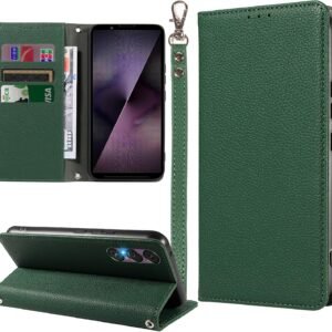 MINIKA Xperia 1 VII 用 ケース 手帳型 ストラップ付き 高級PUレザー エクスペリア1 VII ケース 手帳型 SO-51F XQ-FS44 スマホケース 耐衝撃 おしゃれ カード収納 横置きスタンド機能 内蔵マグネット 開閉式 両面 360度 全面保護 上質な手触り 擦り傷防止 汗や指紋防止 耐汚れ（ダークグリーン）