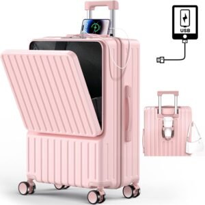 [BARGOHOY] スーツケース フロントオープン 多機能 キャリーケース 軽量 カップホルダー付き 隠しフック機能 キャリーバッグ USBポート付き 耐衝撃 静音 360度回転 TSAローク ファスナータイプ キャリーバッグ 人気 おしゃれ 旅行 ビジネス 出張 修学 泊まる 入院 (ピンク, Mサイズ/63L(4～7泊))