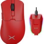 DELUX M900PRO ゲーミングマウス 無線、8000Hzポーリングレート、63g軽量、大手用、PAW3395センサー26000DPI、Huanoピンクスイッチ、マグネット式充電ベース付き (レッド)