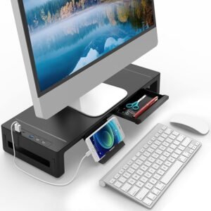 EAYHMモニター台 卓上 USB2.0/3.0データ転送付き モニタースタンド USB/TYPE-C充電付き PC台 折りたたみ可能 机上台 ディスプレイ 台 引き出しとスマホホルダー付き パソコン 台 幅3段階可変机上ラック ノートパソコン/プリンター/iMacに適用 耐荷重25Kg (黒-USB付き)