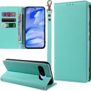 MINIKA Google pixel 9a 用 ケース 手帳型 ストラップ付き 高級PUレザー グーグルピクセル9a ケース ピクセル9a 携帯カバー おしゃれ スマホケース カード収納 横置きスタンド機能 内蔵マグネット 開閉式 両面 360度 全面保護 耐衝撃 上質な手触り 擦り傷防止 汗や指紋防止 耐汚れ（グリーン）