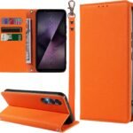 MINIKA Xperia 1 VII 用 ケース 手帳型 ストラップ付き 高級PUレザー エクスペリア1 VII ケース 手帳型 SO-51F XQ-FS44 スマホケース 耐衝撃 おしゃれ カード収納 横置きスタンド機能 内蔵マグネット 開閉式 両面 360度 全面保護 上質な手触り 擦り傷防止 汗や指紋防止 耐汚れ（オレンジ）
