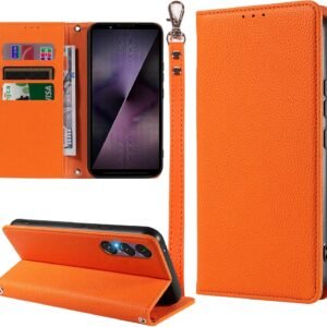 MINIKA Xperia 1 VII 用 ケース 手帳型 ストラップ付き 高級PUレザー エクスペリア1 VII ケース 手帳型 SO-51F XQ-FS44 スマホケース 耐衝撃 おしゃれ カード収納 横置きスタンド機能 内蔵マグネット 開閉式 両面 360度 全面保護 上質な手触り 擦り傷防止 汗や指紋防止 耐汚れ（オレンジ）