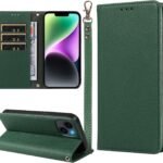 MINIKA いPhone14 ケース 手帳型 ストラップ付き 高級PUレザー iPhone14 用 ケース 手帳型 あいふぉん14 携帯カバー 耐衝撃 おしゃれ スマホケース カード収納 横置きスタンド機能 内蔵マグネット 開閉式 両面 360度 全面保護 上質な手触り 擦り傷防止 汗や指紋防止 耐汚れ（ダークグリーン）