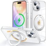 iPhone 15 用 ケース Magsafe対応 ワイヤレス充電 360°回転スタンド 縦横両対応 Gunwon スマホケース iphone15 用 米軍規格 耐衝撃 半透明 マット感 マグセーフ 防指紋 リング マグネット搭載 アイフォン15 用 カバー「クリア」
