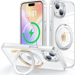 iPhone 15 用 ケース Magsafe対応 ワイヤレス充電 360°回転スタンド 縦横両対応 Gunwon スマホケース iphone15 用 米軍規格 耐衝撃 半透明 マット感 マグセーフ 防指紋 リング マグネット搭載 アイフォン15 用 カバー「クリア」