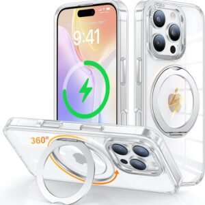 iPhone 16 Pro Max 用 ケース Magsafe対応 ワイヤレス充電 360°回転スタンド 縦横両対応 Gunwon スマホケース iphone16 Pro Max 用 米軍規格 耐衝撃 半透明 マット感 マグセーフ 防指紋 リング マグネット搭載 アイフォン16プロマックス 用 カバー「クリア」