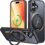 iPhone 17 用 ケース Magsafe対応 ワイヤレス充電 360°回転スタンド 縦横両対応 Gunwon スマホケース あいふおん 17 用 米軍規格 耐衝撃 半透明 マット感 マグセーフ 防指紋 リング マグネット搭載 アイフォン17 用 カバー「ブラック」