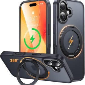 iPhone 17 用 ケース Magsafe対応 ワイヤレス充電 360°回転スタンド 縦横両対応 Gunwon スマホケース あいふおん 17 用 米軍規格 耐衝撃 半透明 マット感 マグセーフ 防指紋 リング マグネット搭載 アイフォン17 用 カバー「ブラック」