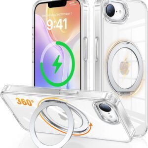 iPhone 17e / iPhone 16e 用 ケース Magsafe対応 ワイヤレス充電 360°回転スタンド 縦横両対応 Gunwon スマホケース あいふおん 17e / あいふおん 16e 用 米軍規格 耐衝撃 透明 マグセーフ リング マグネット搭載 アイフォン 17e / アイフォン 16e 用 カバー「クリア」