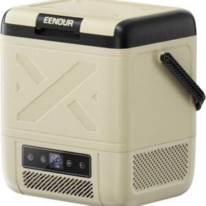 【±1℃均一冷却・フラット庫内】EENOUR 車載冷蔵庫 C20 20L -20℃～20℃ バッテリー内蔵可能 コンプレッサー式 サブ冷蔵庫 4WAY電源対応 AC100V DC12V/24V ポータブル冷蔵庫 電池 コードレス式 急速冷凍 小型 軽量 大容量 省エネ 静音 LCD温度表示 庫内灯・大型ハンドル付き 家庭アウトドア両用 車中泊 キャンプ 一人暮らし・1泊2日に大活躍 ベージュ色