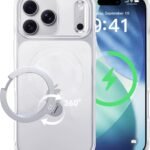【透き通る上質感・定点360°回転】CASEKOO iPhone 17 Pro Max 用 ケース クリア 米軍MIL規格 フィット感 MagSafe対応 最大25W急速充電対応 横縦両立 角度自在 超 耐衝撃 高耐久性 ラップホール付き 透明 黄変防止 いphone17promax 用ケース 6.9インチ「MagicStand Pro Kori」(クリア)
